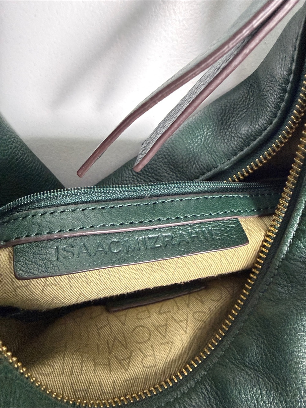 Isaac Mizrahi Dark Green Leather Messenger Bag with Brown Trim - Picture 4 of 9
